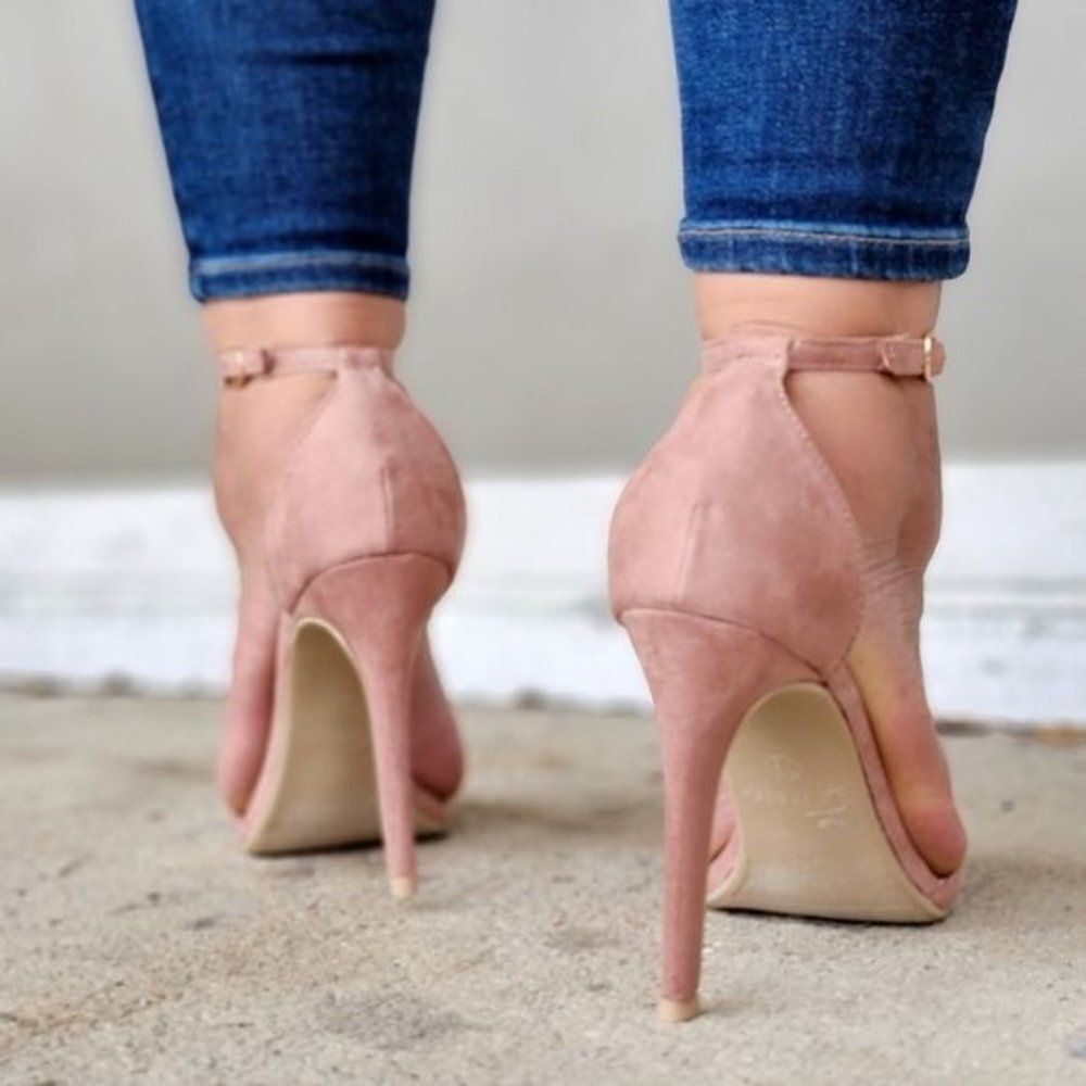 Women's Suede Strappy Ankle High Heel Sandals Blush Color - Picture 3 of 4